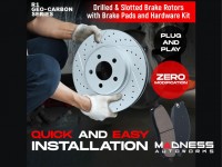 Jeep Renegade Brake Kit - Front + Rear - R1 Concepts - Optimum OEp Brake Pads - eLINE Drilled + Slotted Rotors